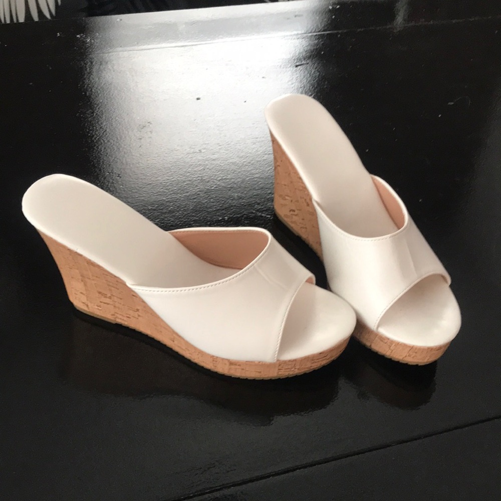 Women’s Cream Wedge Slide Sandals with Cork Platform